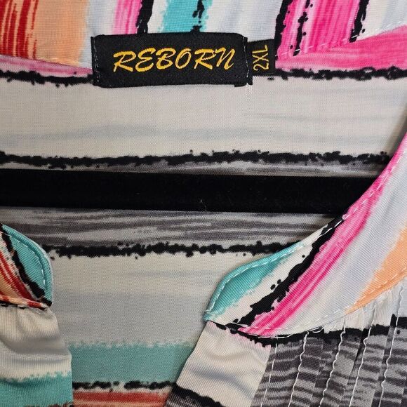 Reborn Womens Pin Tuck Blouse Sz 2XL Colorful Striped Henley Top Beachy Summer - Picture 7 of 8